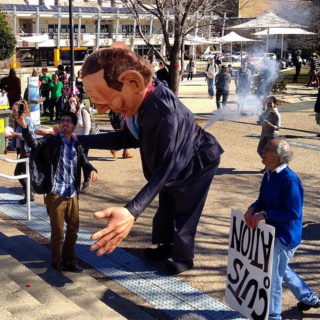 Giant Tony Abbott puppet at ANU